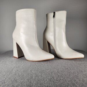 Boohoo Ivory Leather Bootie Block Heel Pointed Toe Size 8